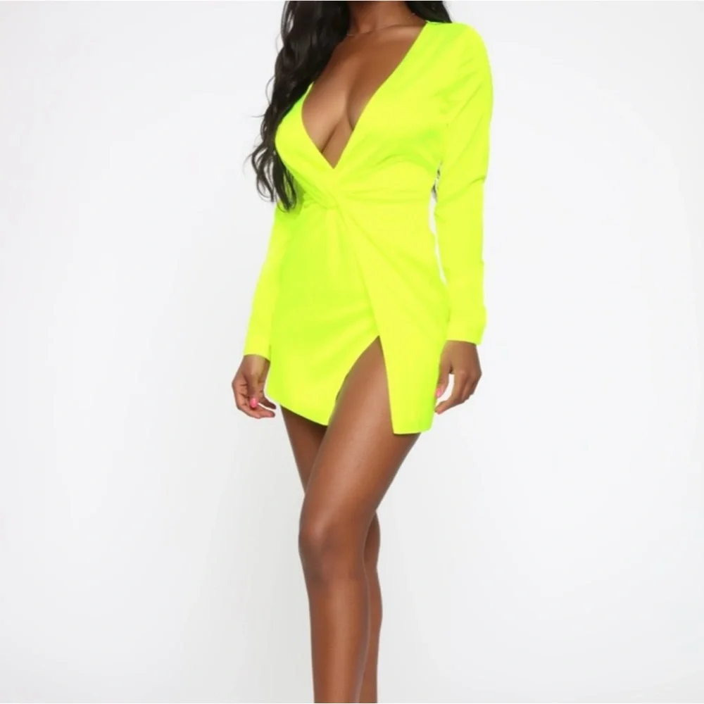 FASHION NOVA Sugar Free Dress Satin Neon Yellow NWT - Picture 3 of 14